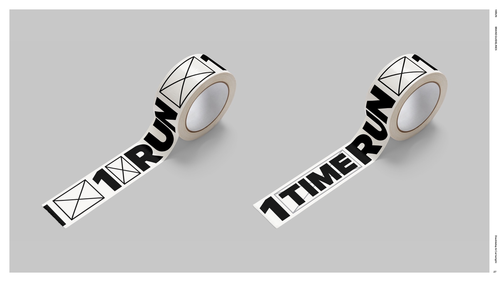 1XRUN identity applied to branded packaging tape