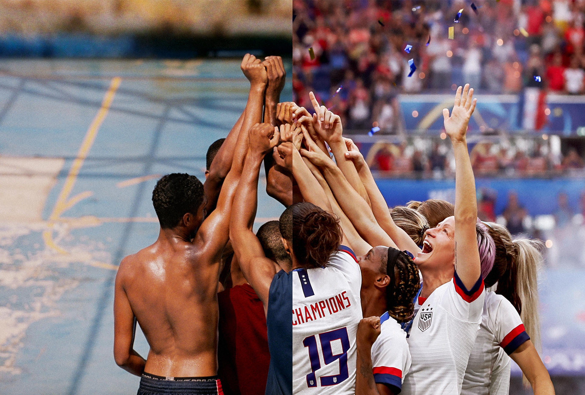 Split-screen campaign image pairing athletes and the US women’s national soccer team